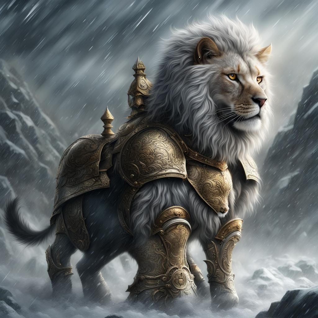 Armored Lion-Cat in Blizzard: Digital Matte Painting
