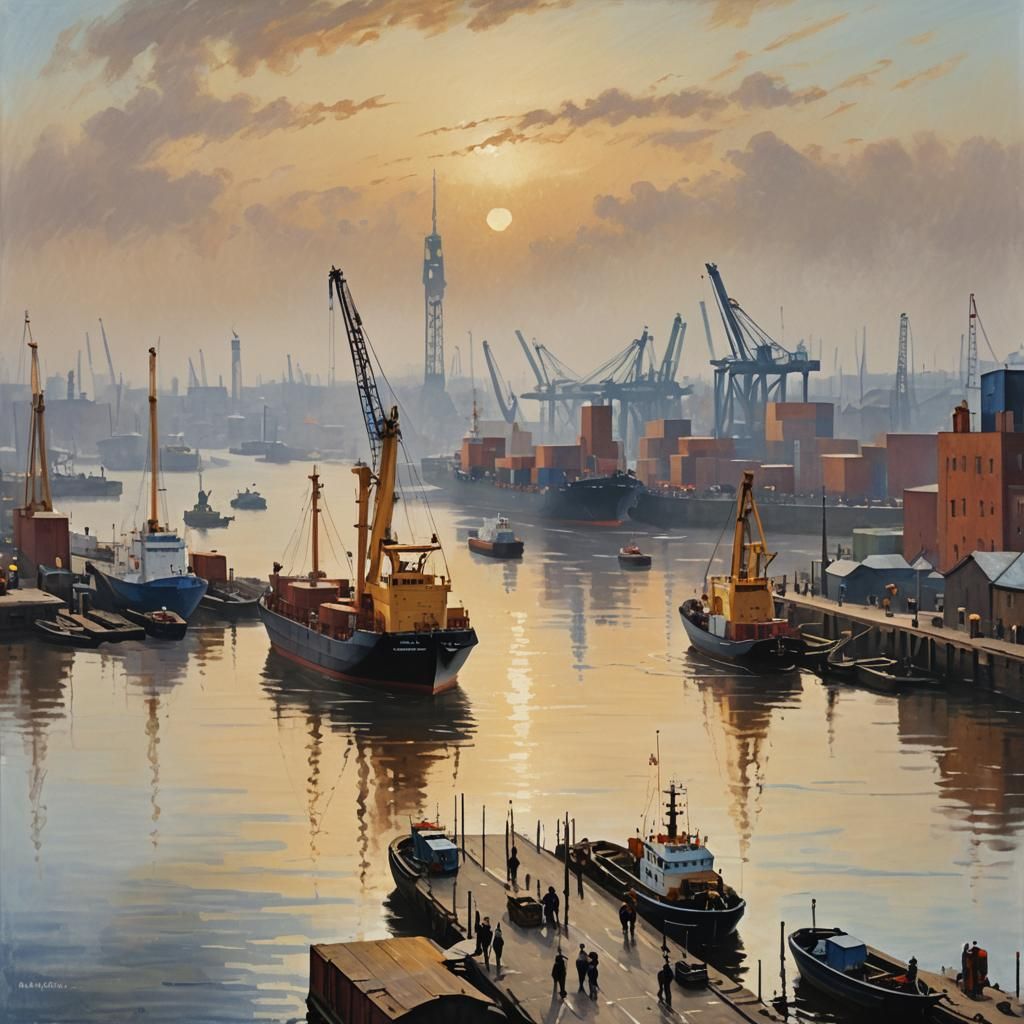 Hamburg Harbor in Autumn: An Impressionist Oil Painting
