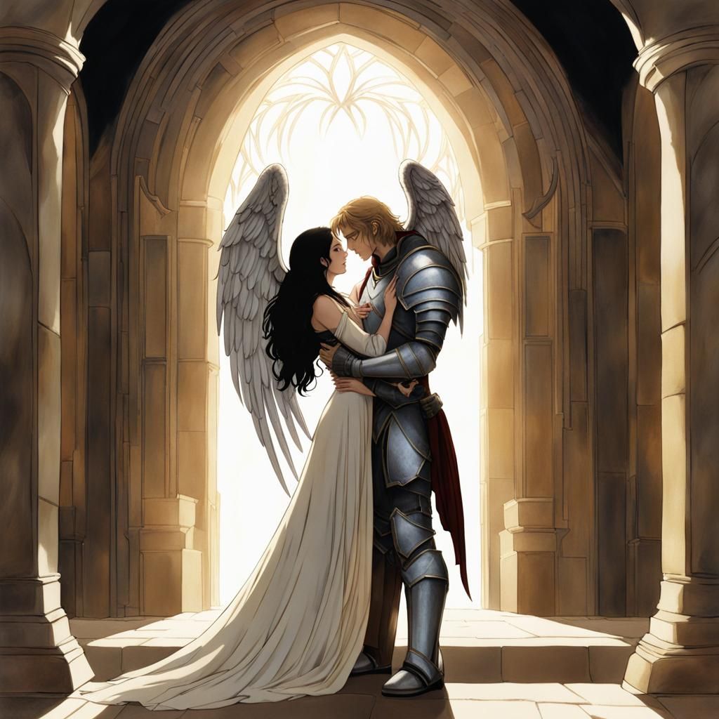 Armored Woman Embraces Angel in Stone Hallway