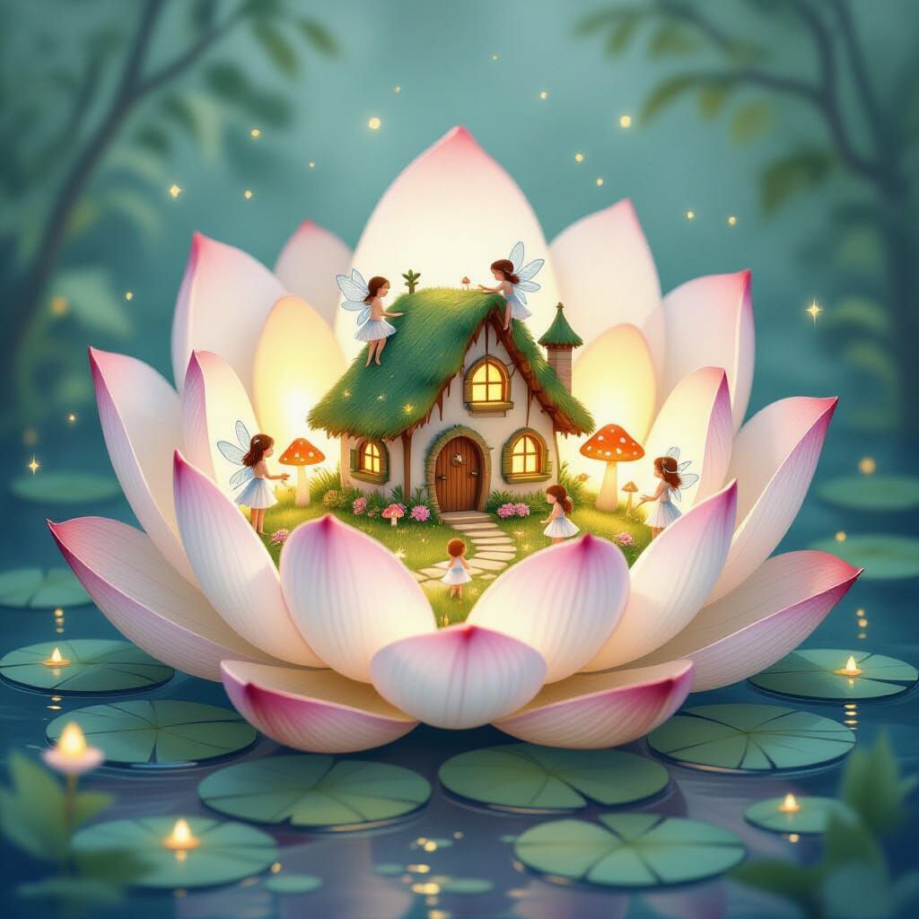 Fairy Village Inside Lotus Flower Watercolor