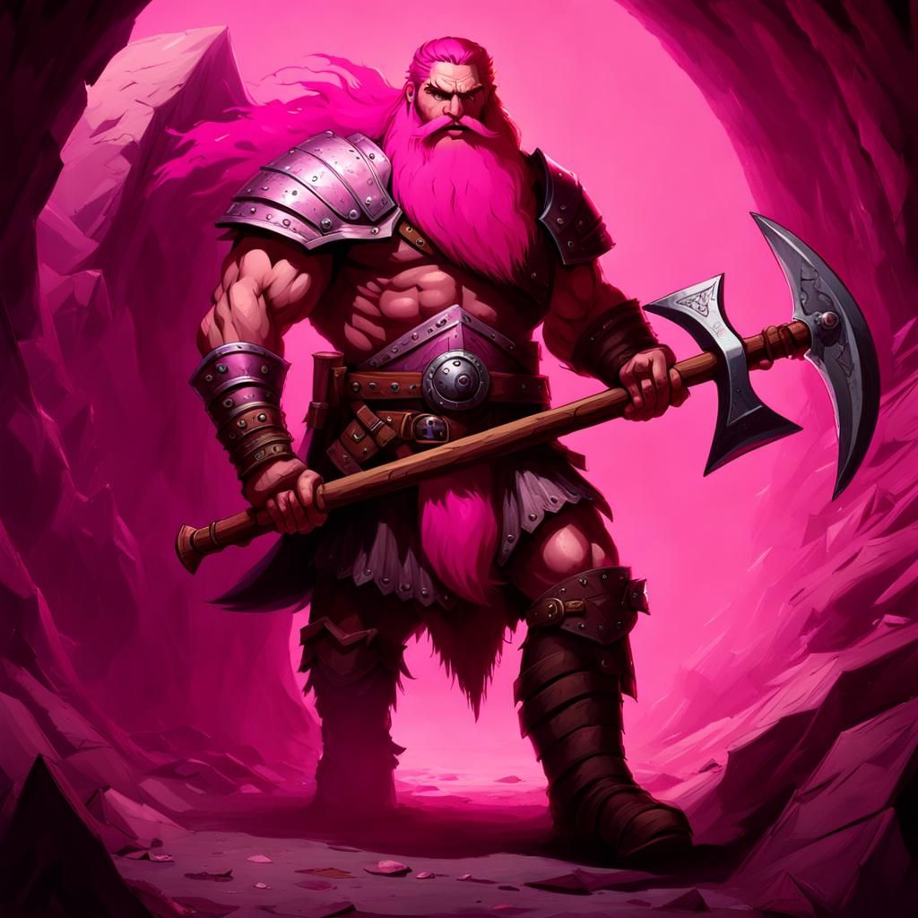 Half-Orc Barbarian with Pink Beard in Dark Tunnel
