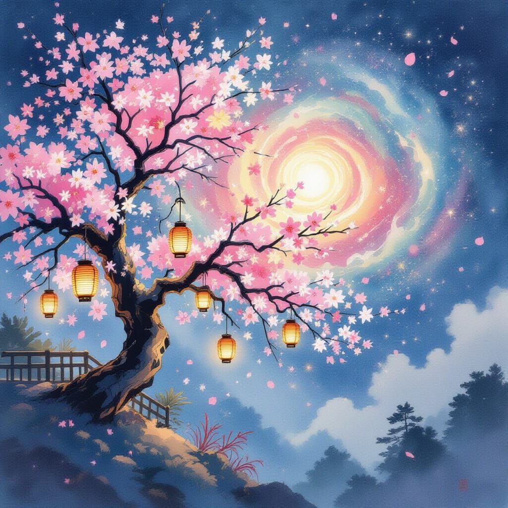 Sakura Tree with Stardust Lanterns in Watercolor