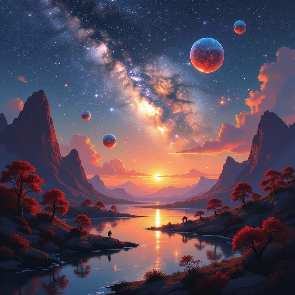 Cosmic Islands with Red Crystals & Celestial Animals