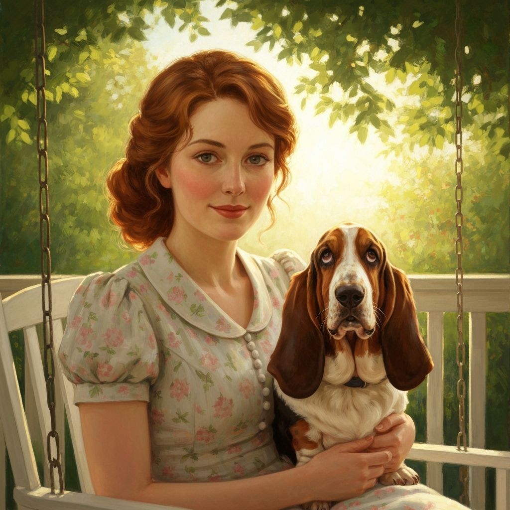 Woman and Basset Hound on Porch Swing in Golden Hour Light