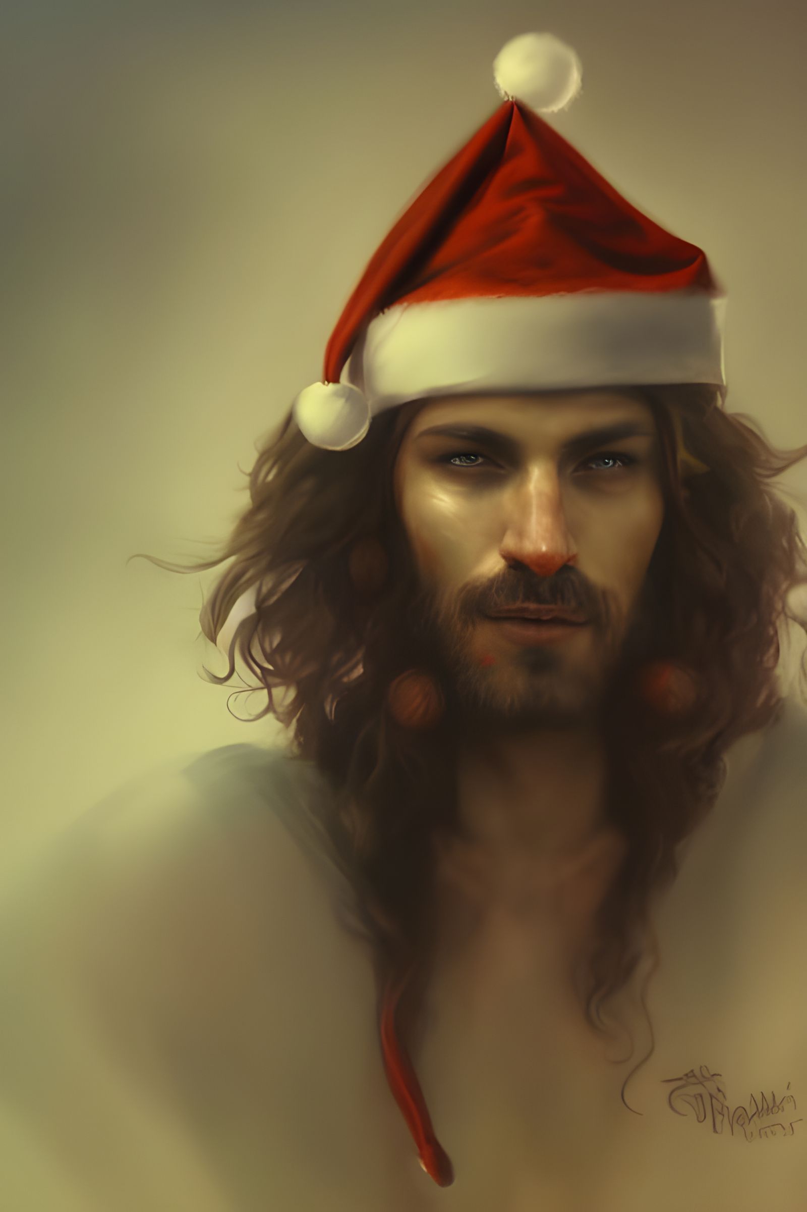 Handsome Hippy Santa Hat Portrait in Digital Art