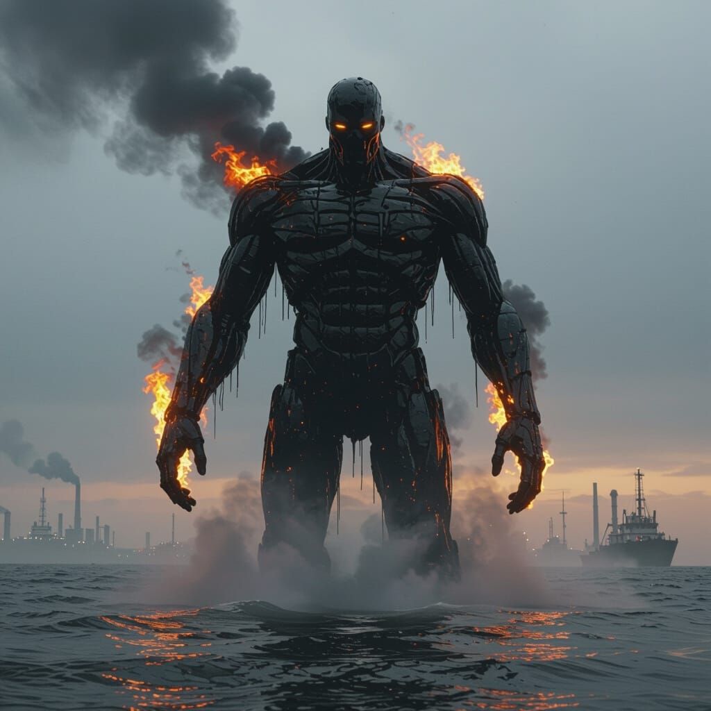 Gigantic Petrol Man Supervillain Polluting Ocean