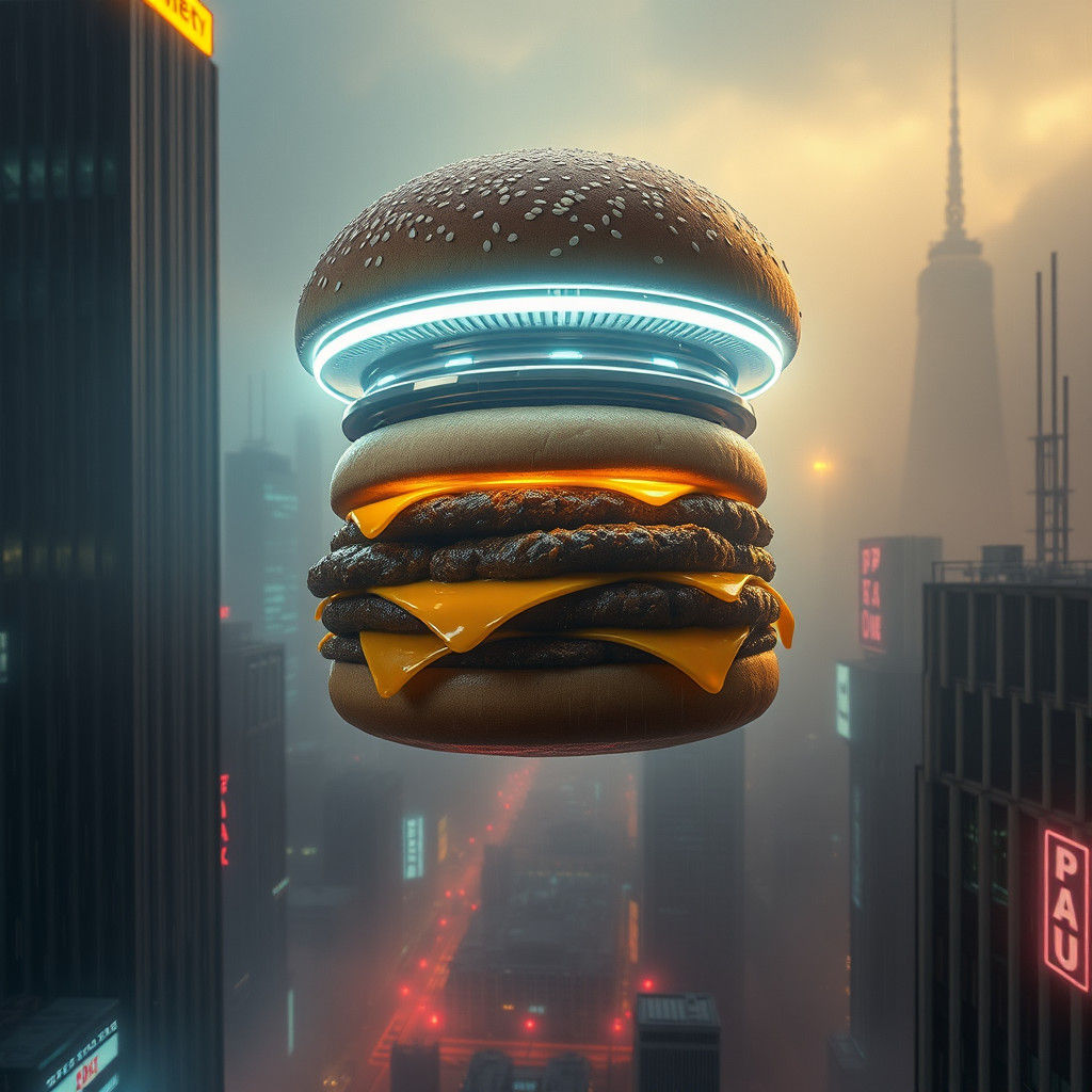 Cyberpunk Hamburger Beacon in Dystopian Metropolis