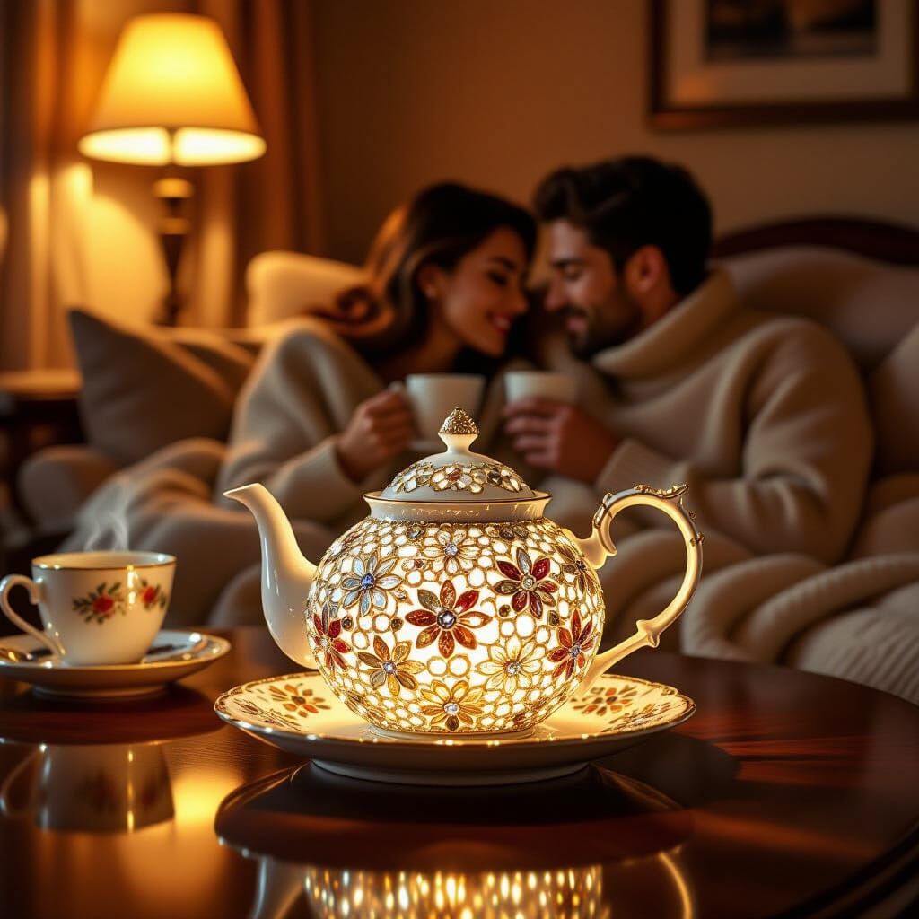 Jeweled Teapot Glows on Table in Cozy Living Room