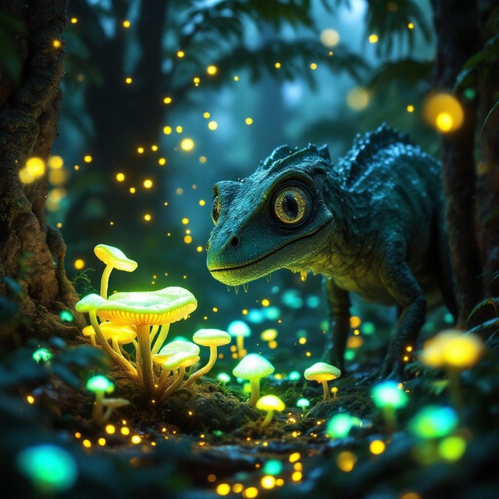 Bioluminescent Jurassic Night Forest with Dinosaur