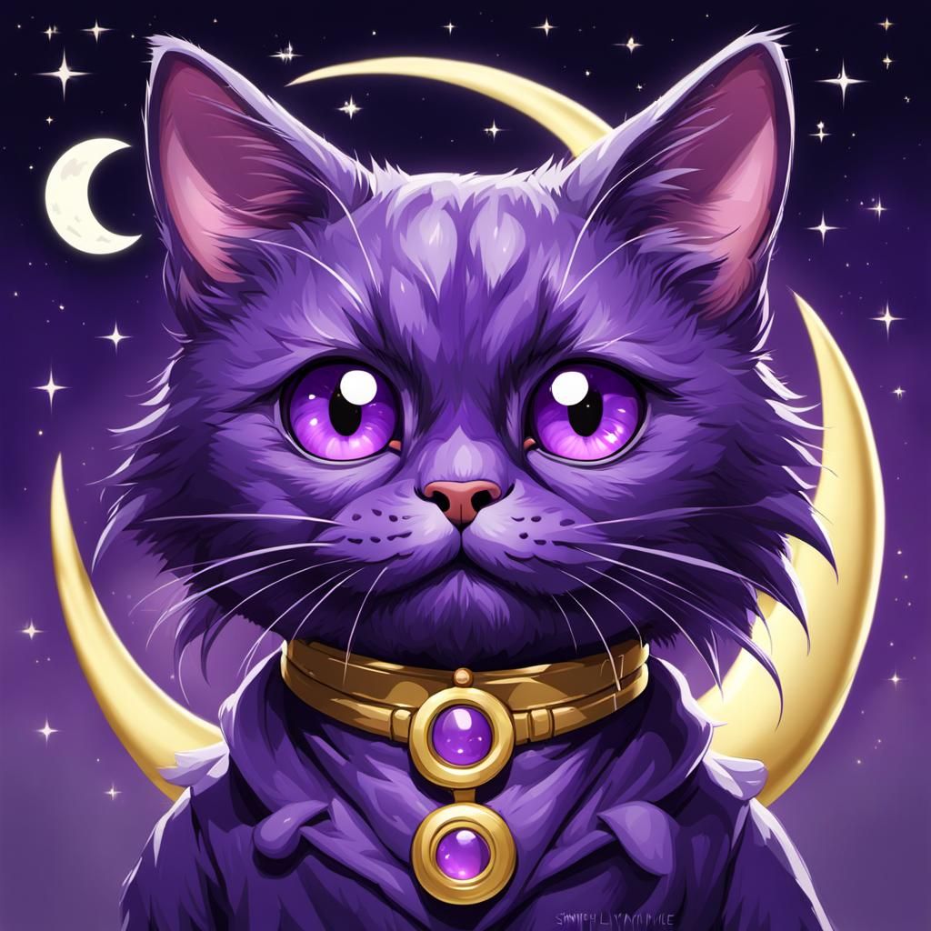 Cartoon Purple Cat with Moon Collar in Digital Art