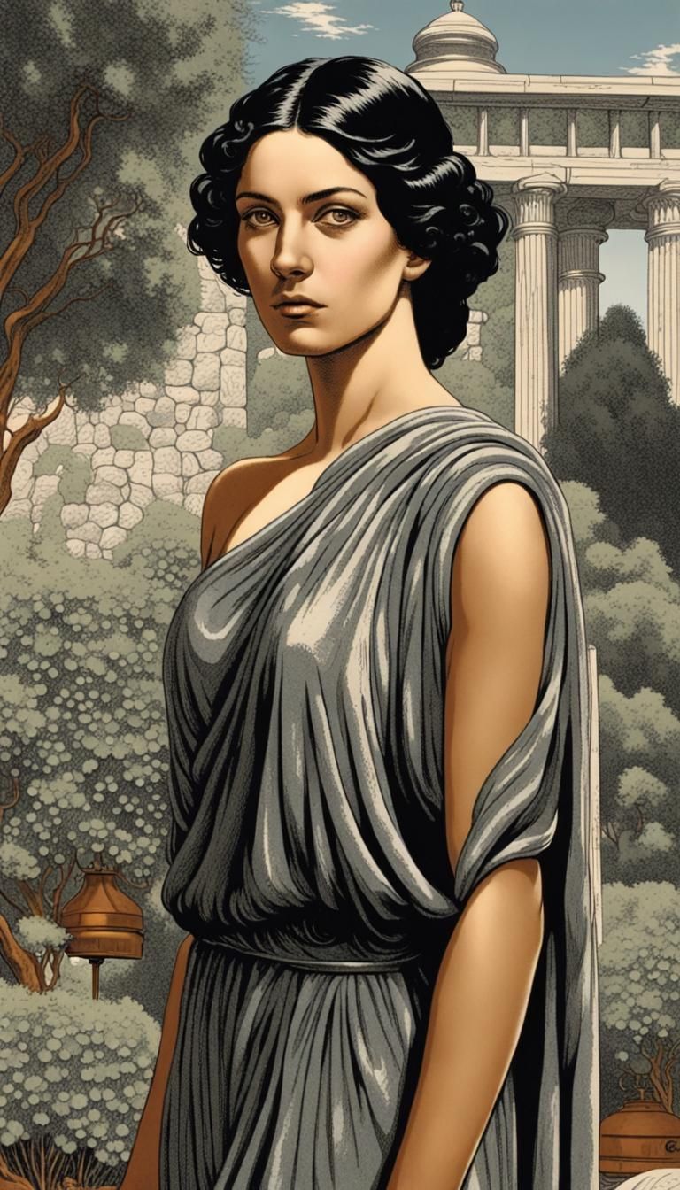 Greek Woman in Stippled Style of Virgil Finlay