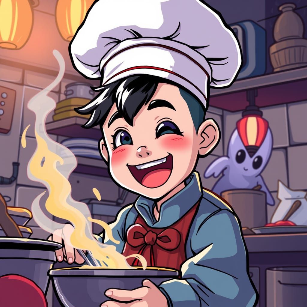 Smiling Chef with Vampire Ghost in Manga Style
