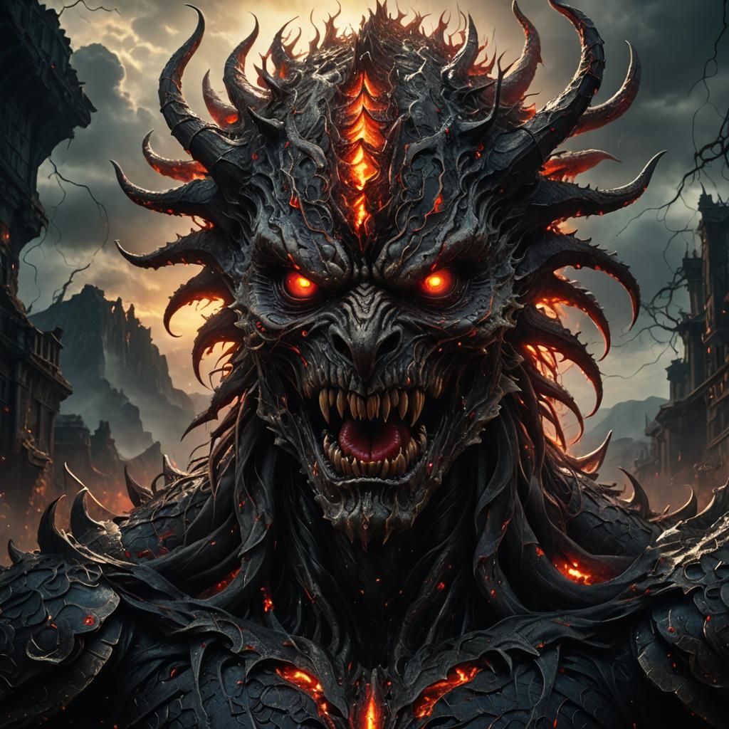 Terrifying Monster with Glowing Eyes in Eerie Landscape