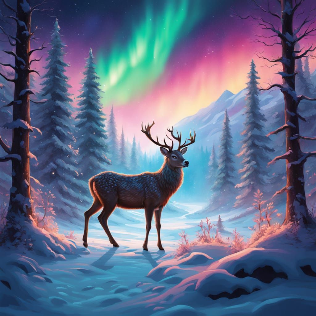 Dreamy Aurora Borealis Night: Mystical Deer