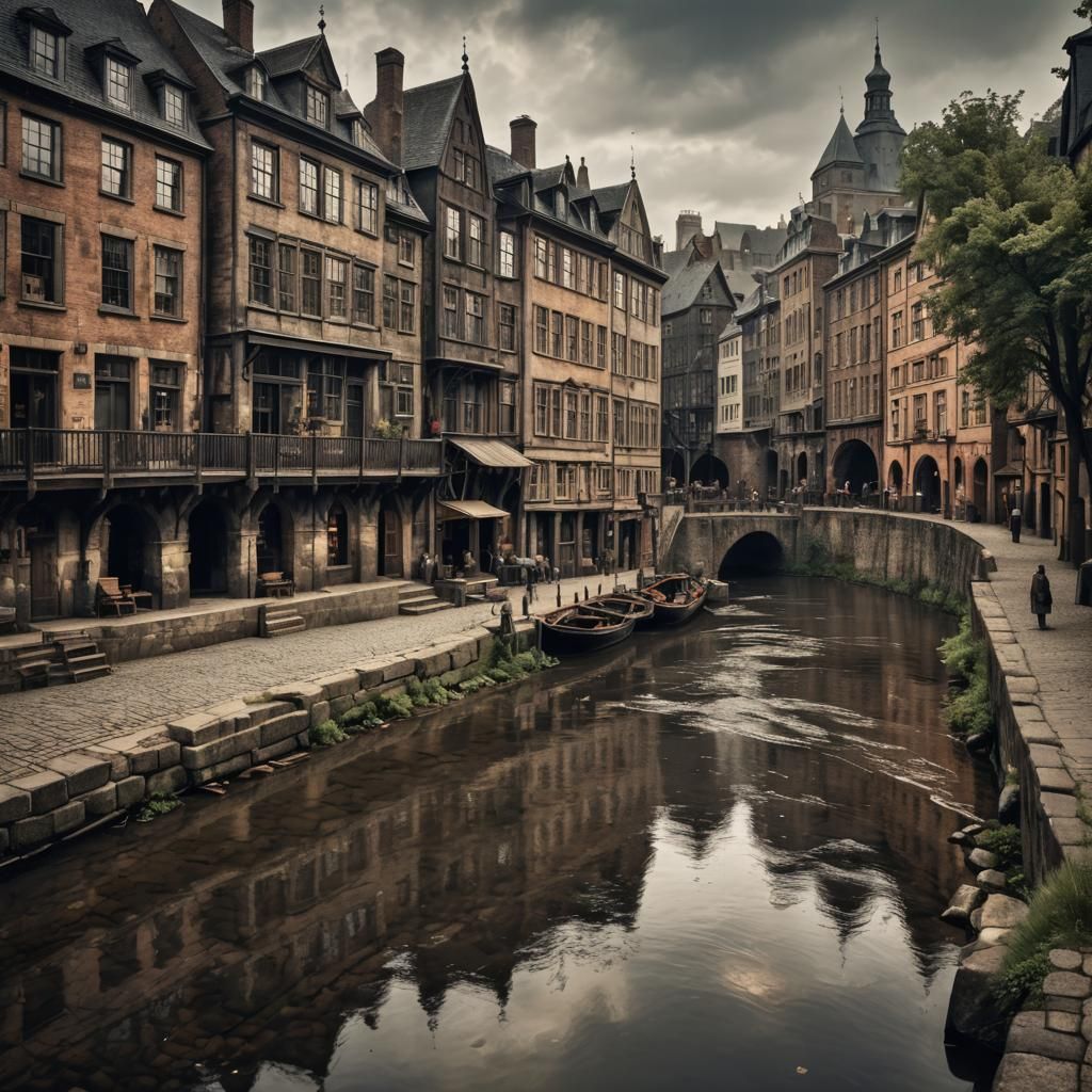19th Century Riverside Town in Hyperrealistic Style