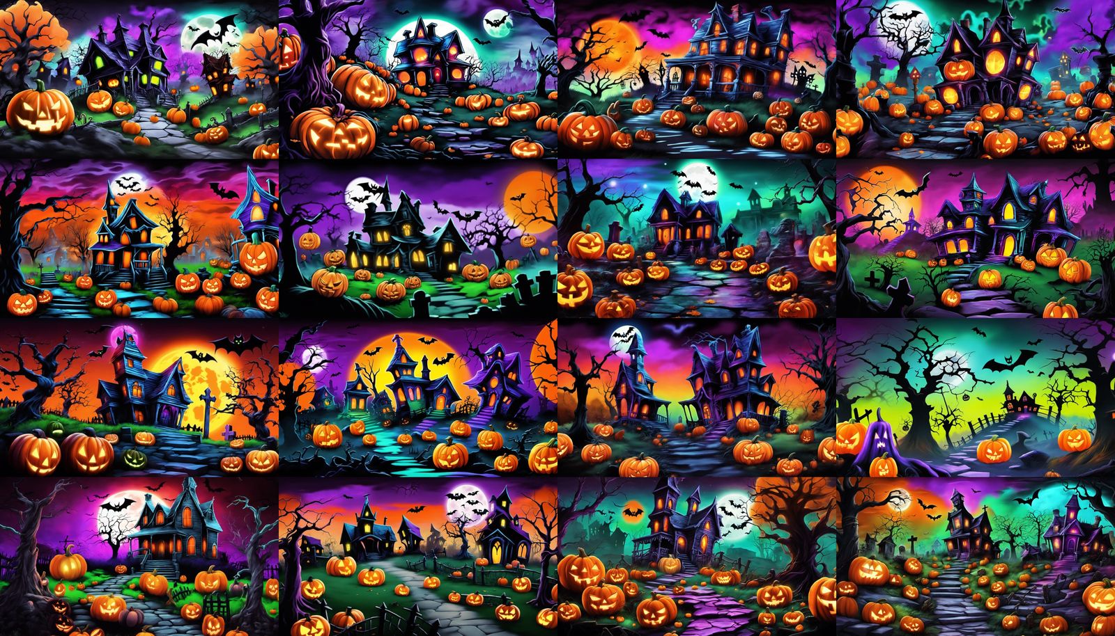 Halloween themed landscape wallpaper centered closeup grafitti splash art iridescent glow in the dark neons fluorescent...