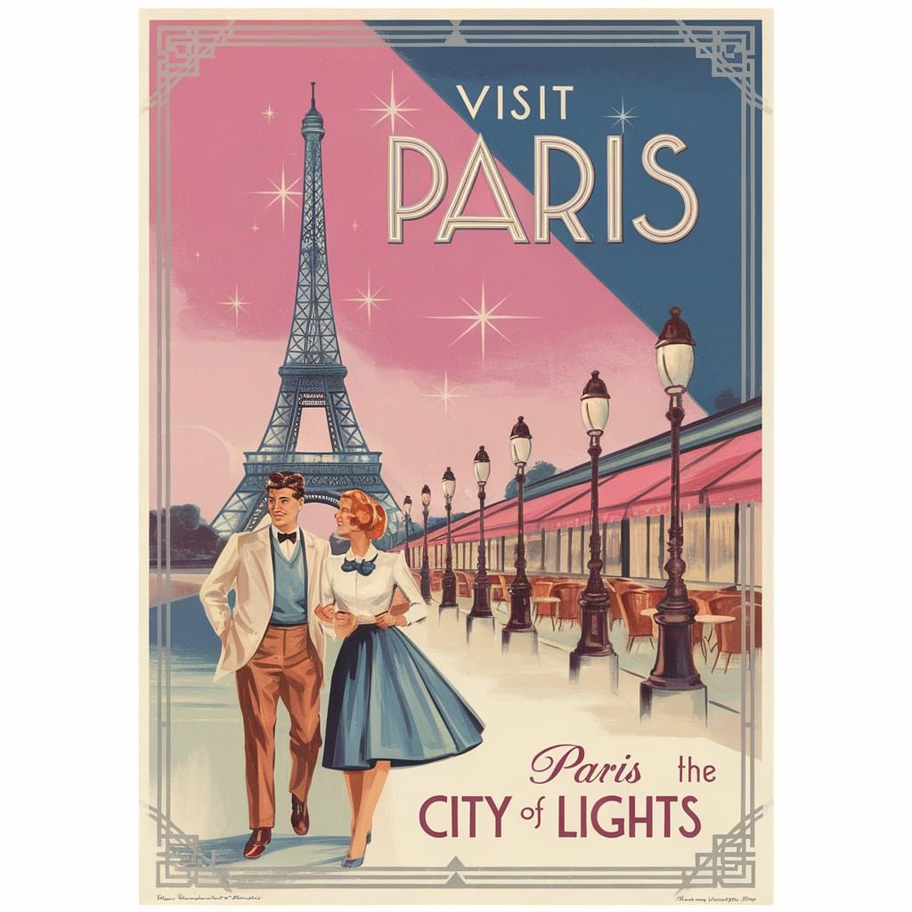 Paris Travel Poster: Eiffel Tower in Retro Art Deco Style