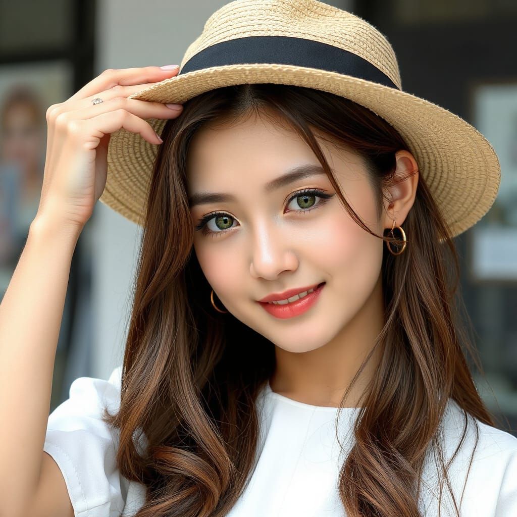 Photorealistic Woman in Sun Hat Smiling, K-Pop Aesthetic
