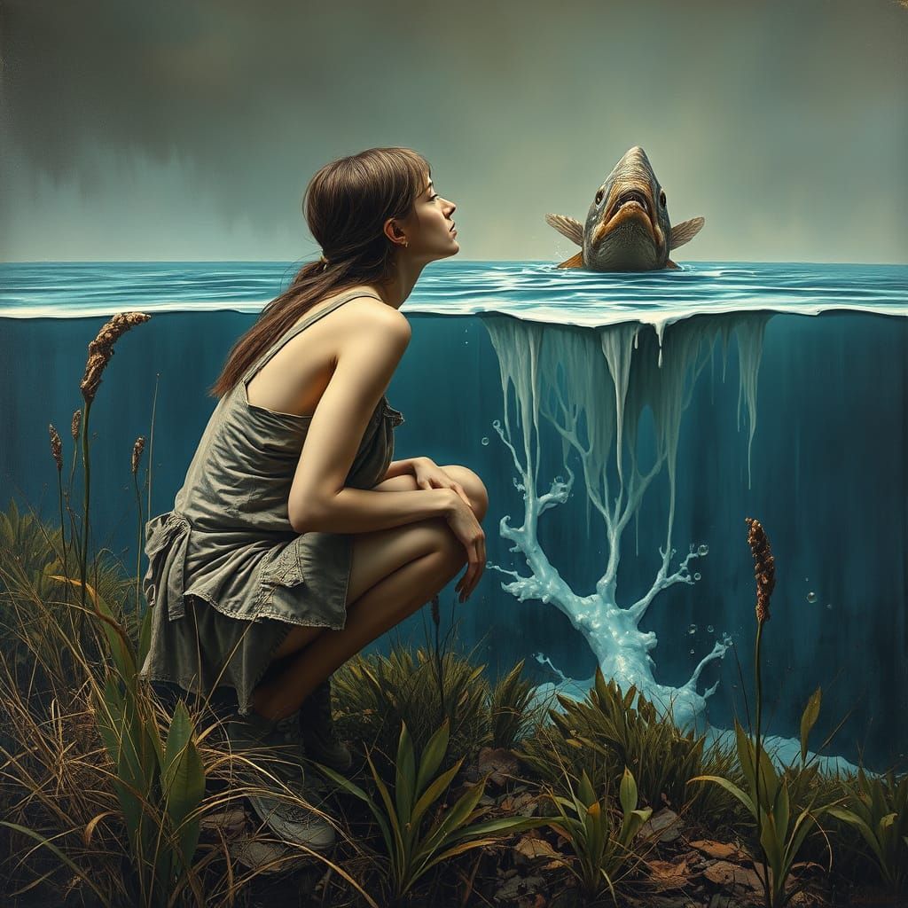 Surreal Woman and Barracuda in Melting Ocean