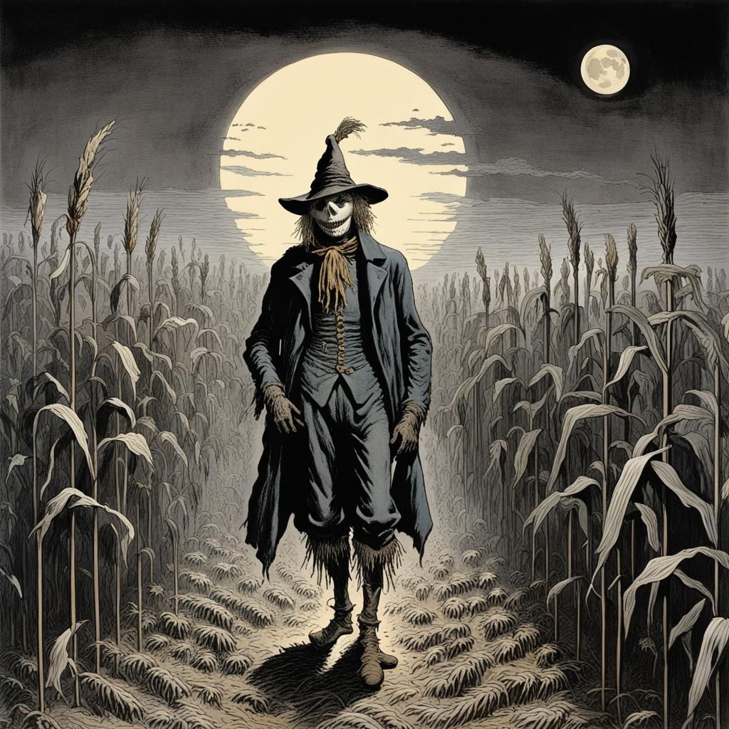 Scarecrow in Cornfield: Etched Horror Art