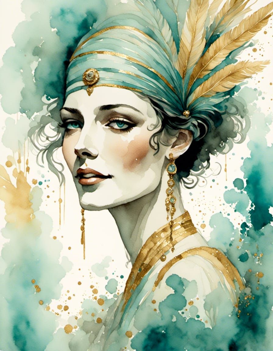 Smiling Woman Portrait in Art Deco Watercolour Style