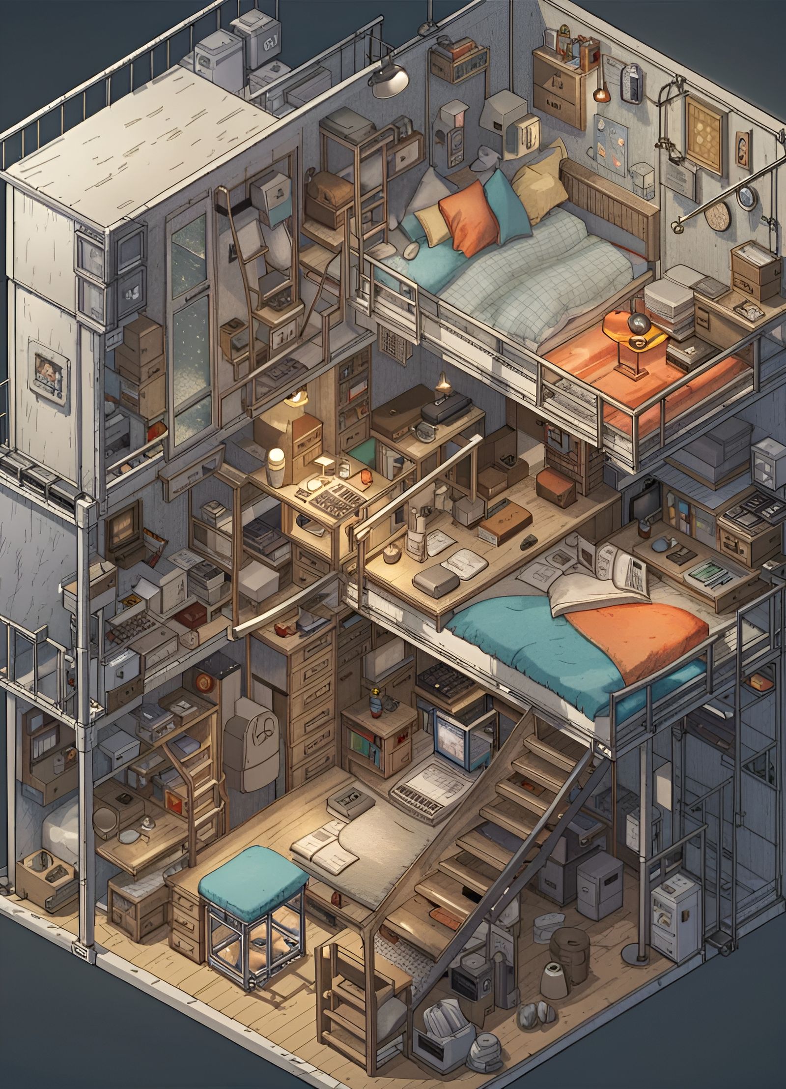 Isometric Maximalist Prison Cell in Studio Ghibli Style