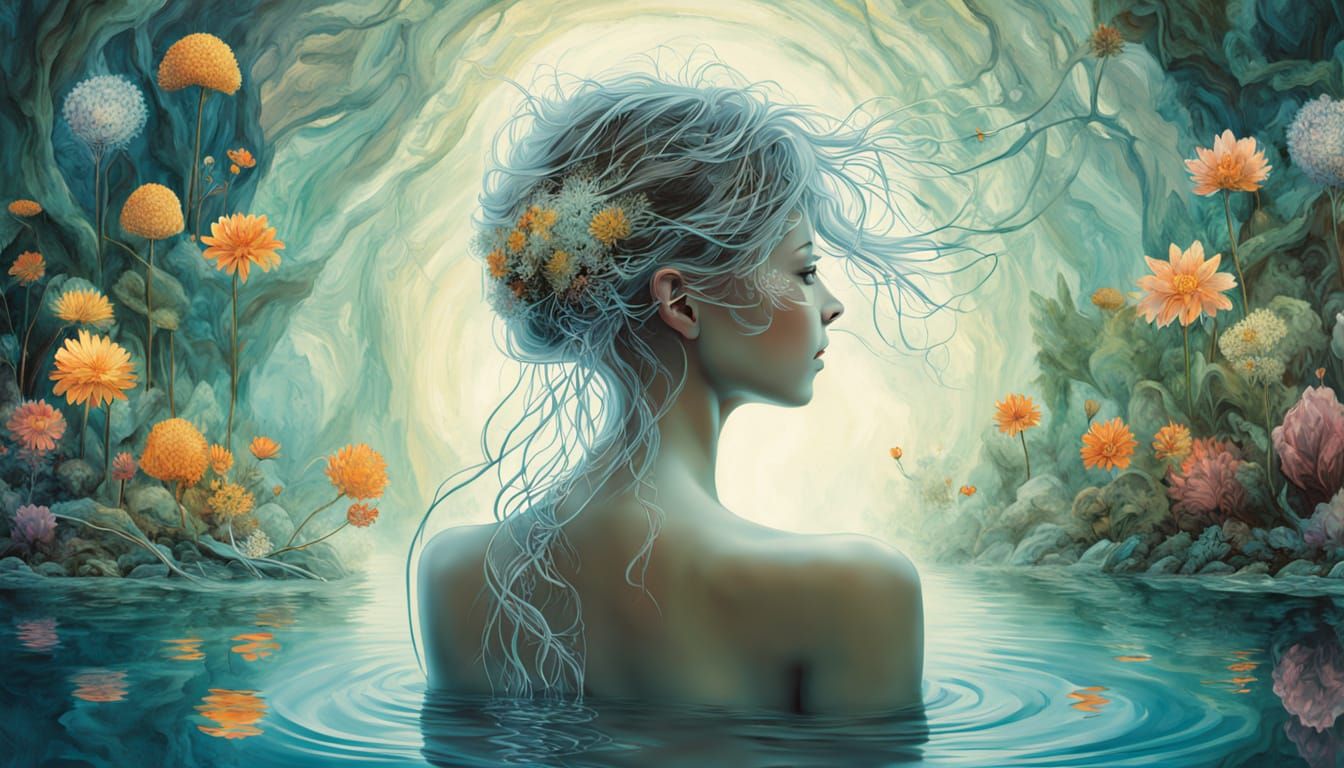 Woman Merging with Cosmic Garden in Psychedelic Eco-Art Styl...