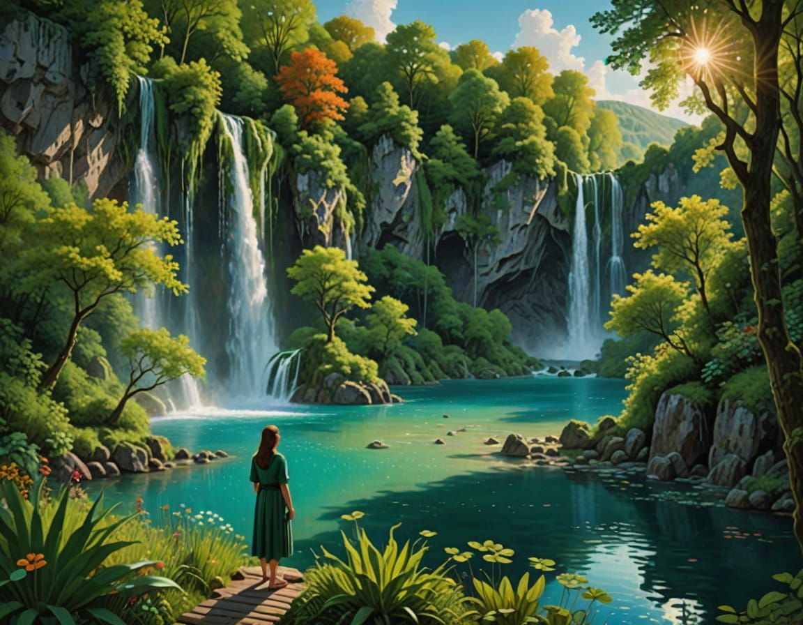 Surreal Landscape with Cascading Waterfalls and Lush Green C...