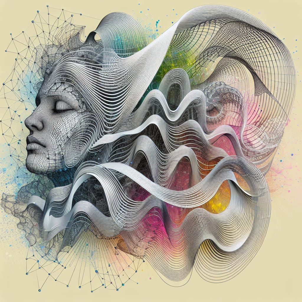 Wireframe Woman: Complex Rainbow Waveform Illustration