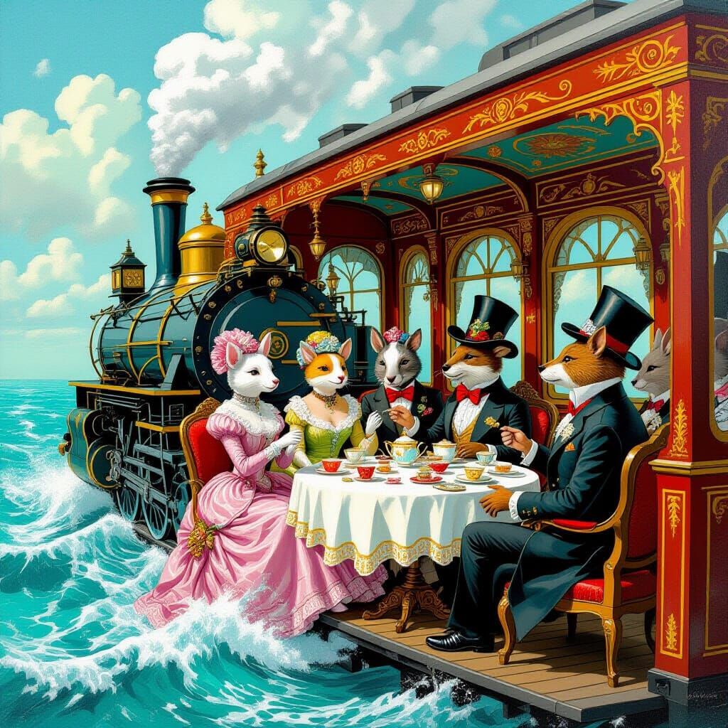 Whimsical Ocean Train Tea Party with Animals in Victorian Co...
