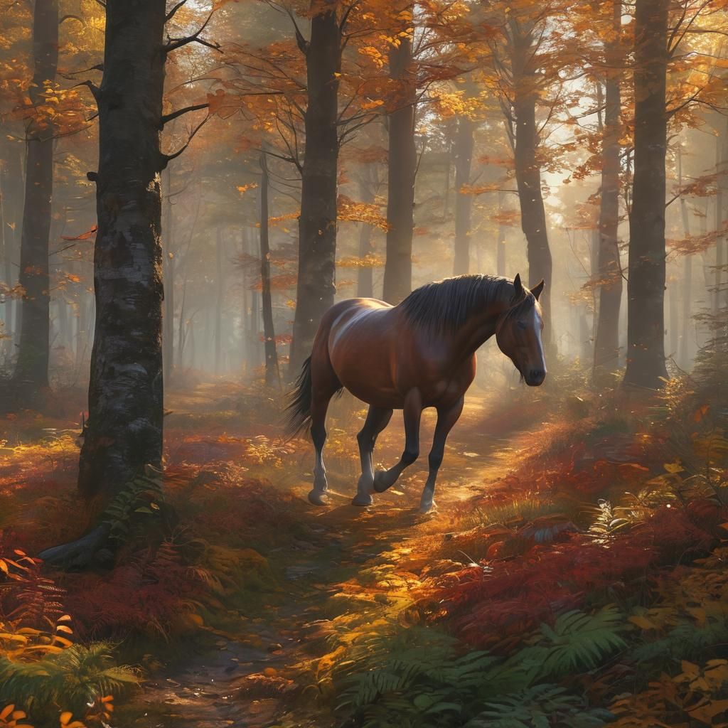 Autumn Horse in Vibrant Forest Landscape