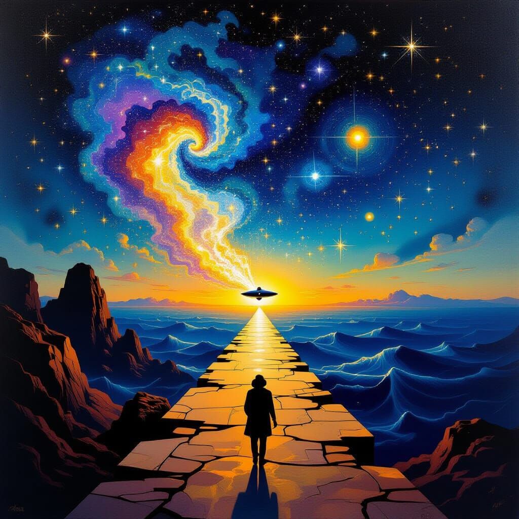 A lone spacecraft landing on the shimmering corridor under t...