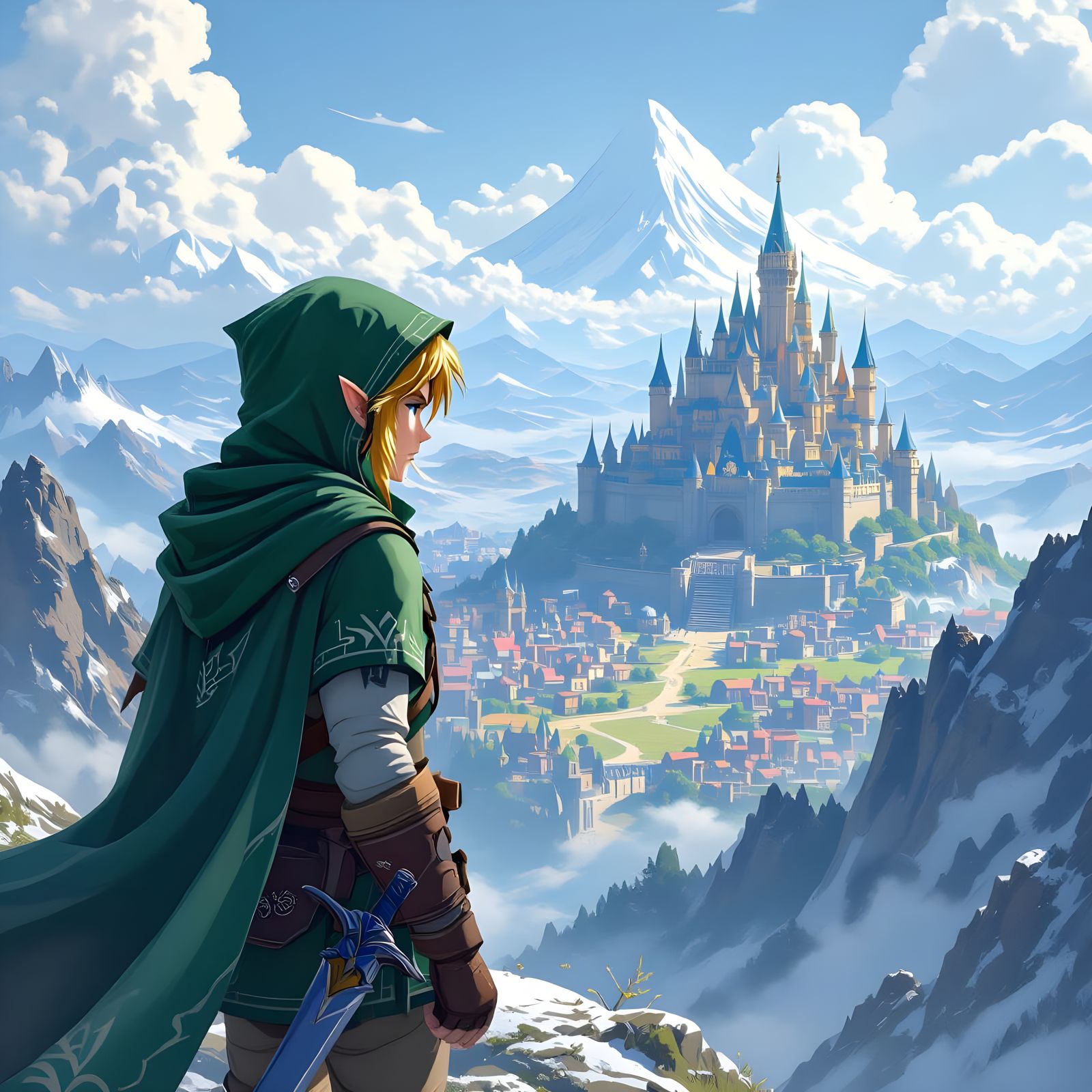Link Gazes at Hyrule Castle from Mountain Peak