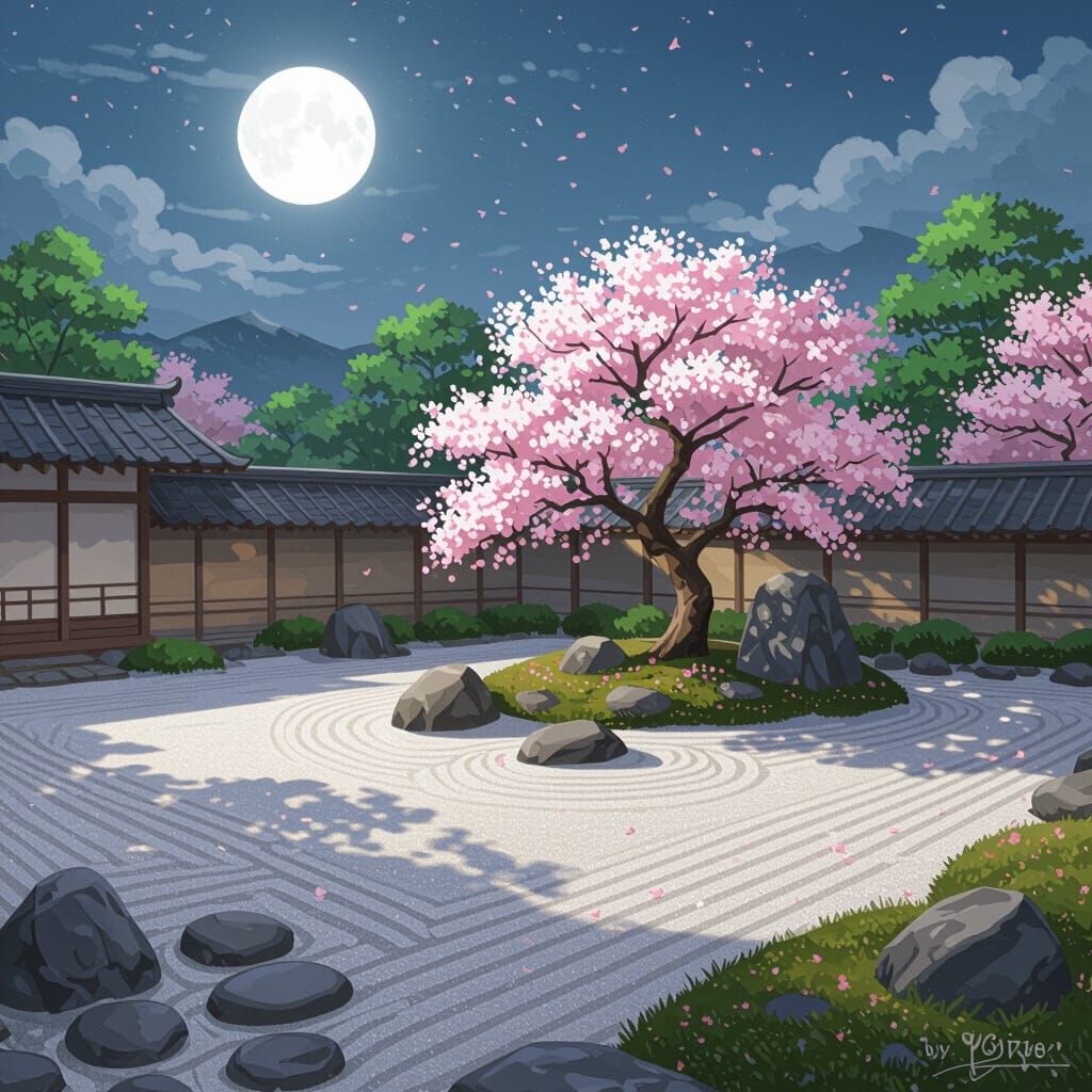 Moonlit Zen Garden with Cherry Blossom, as Anime Art