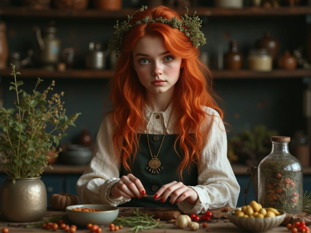Witch Prepares Magical Food in Old Russian Setting