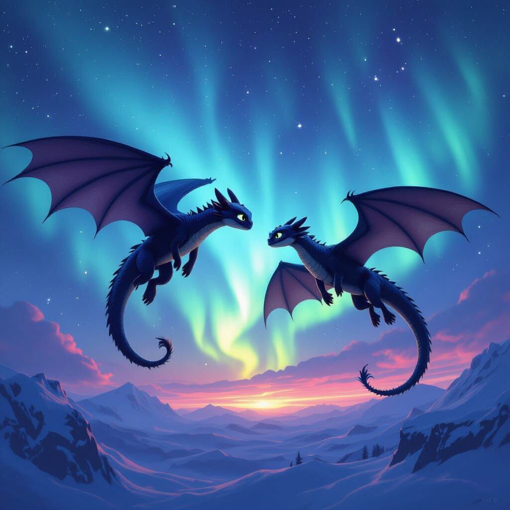 Toothless and Light Fury Fly Under Aurora
