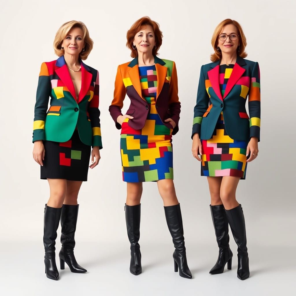Businesswomen in Tetris Block Patterned Blazers and Dresses