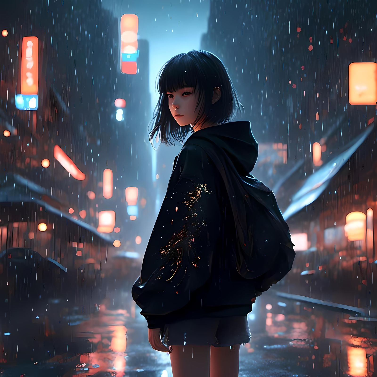 Anime Girl on Rainy Street at Night