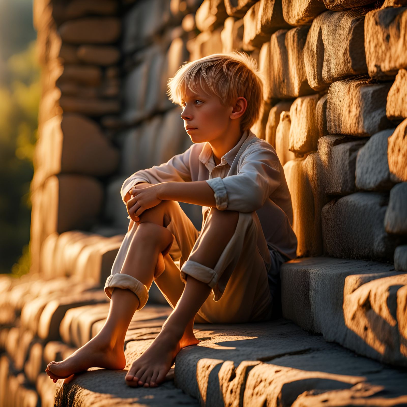 Boy on Stone Wall in Golden Hour, Hyperrealistic Photo