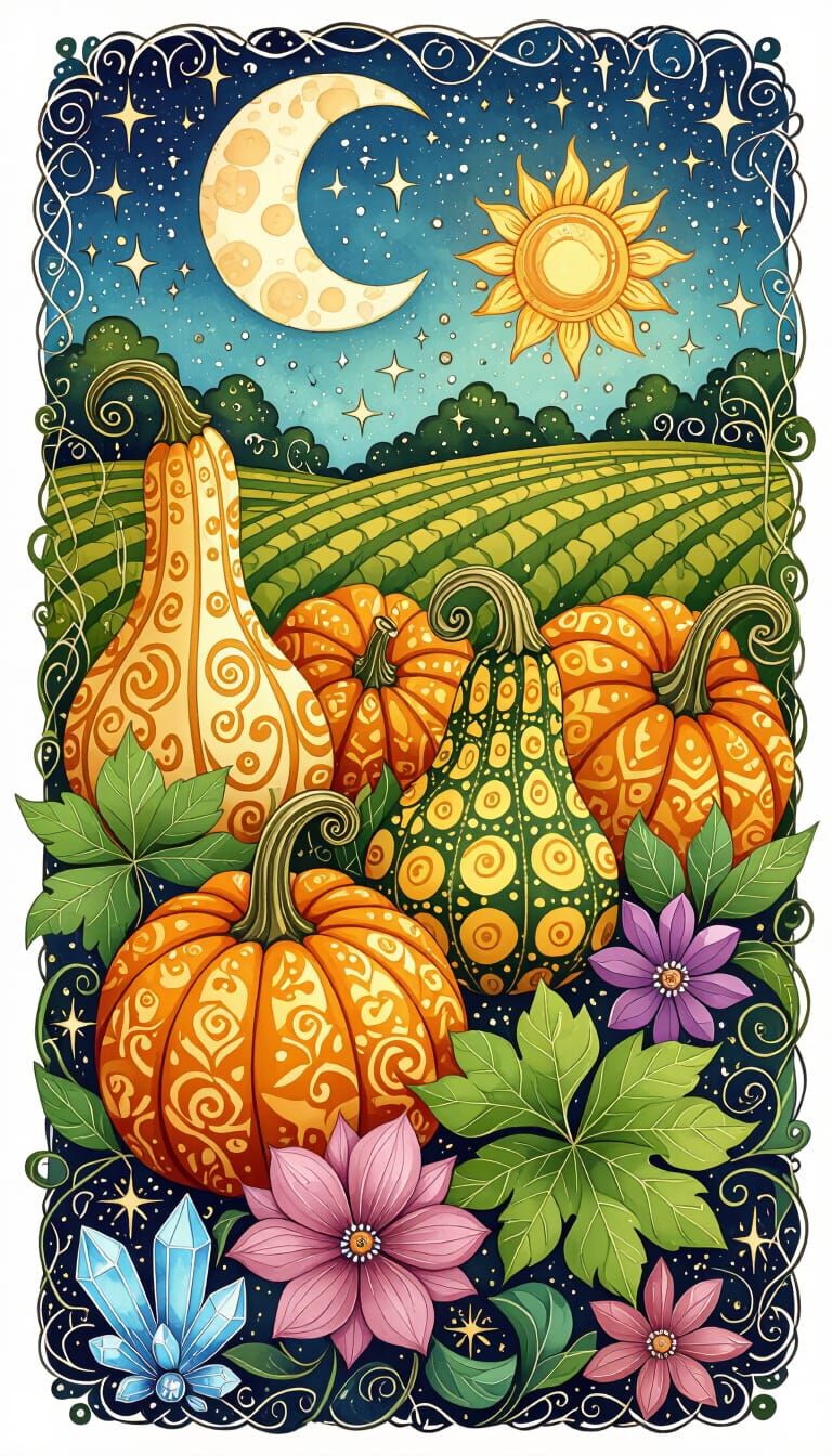 Decorative gourds growing in a pumpkin patch, interesting pa...