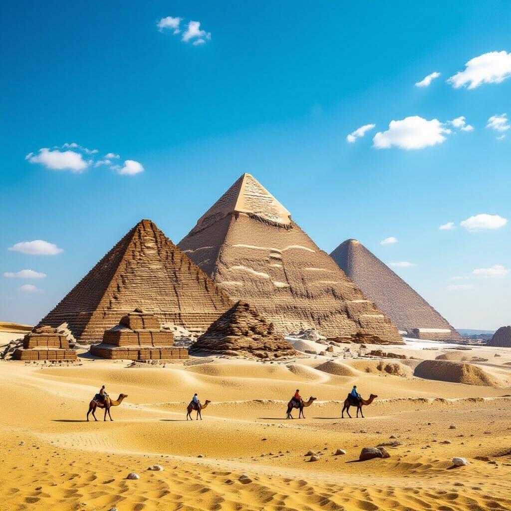 Great Pyramids of Giza Under Blue Desert Sky