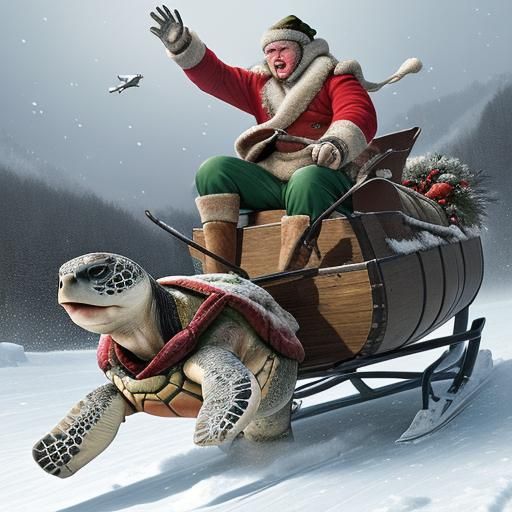 Man's Sleigh Ride Pulled by Turtles in Winter