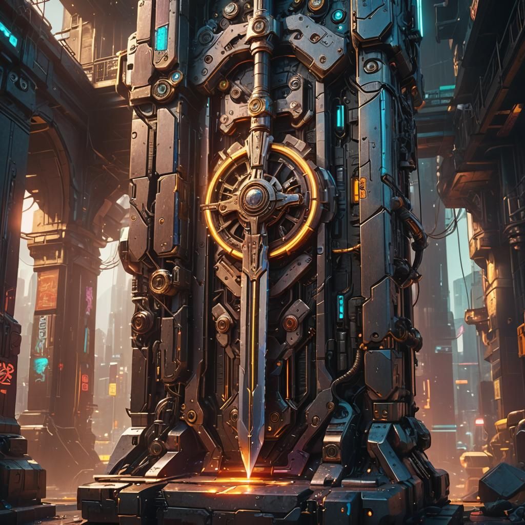 Cyberpunk Arm and Sword in Futuristic Cityscape