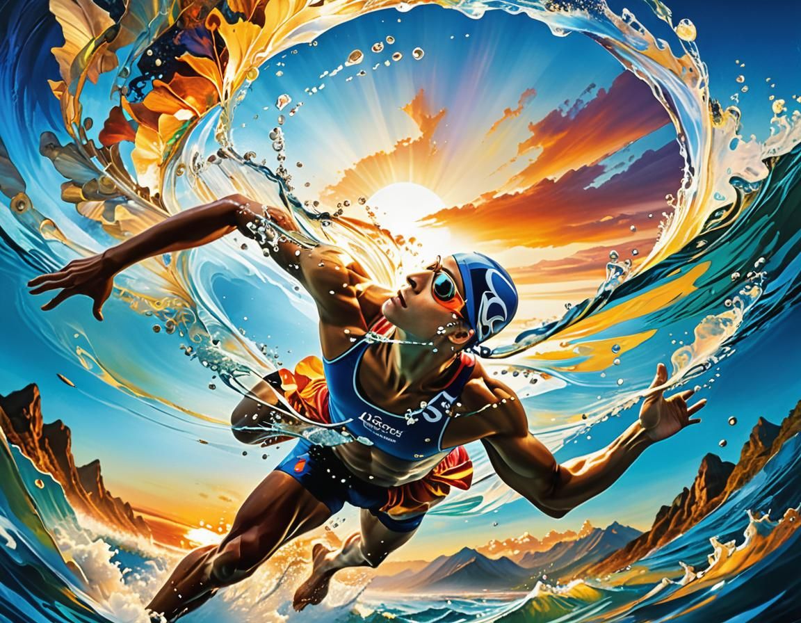 Powerful Para-Swimmer in Psychedelic Double Exposure