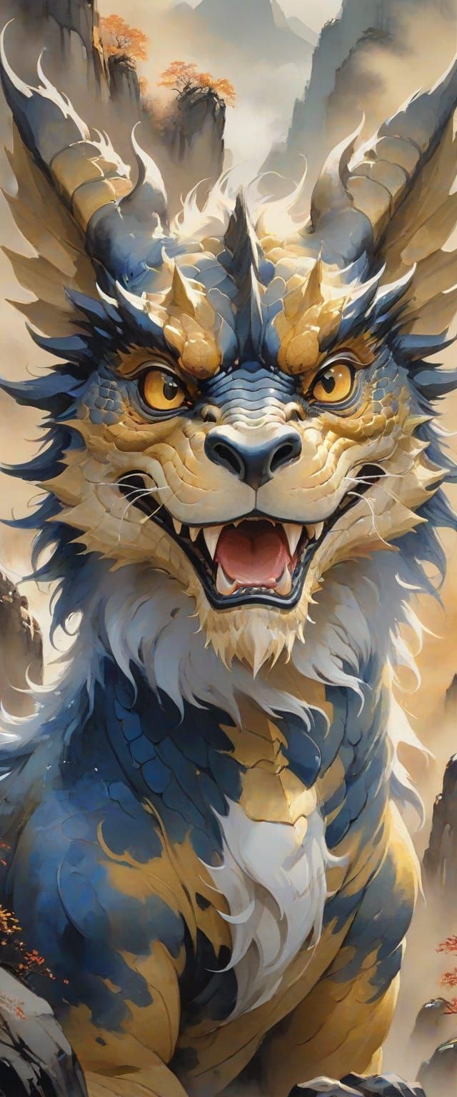 Wise Dragon on Misty Mountain: Chinese Ink Painting