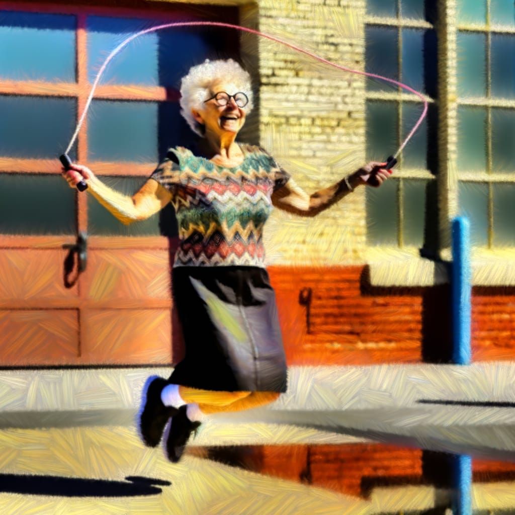 Joyful Woman Skipping Rope in Urban Impressionist Oil Painti...