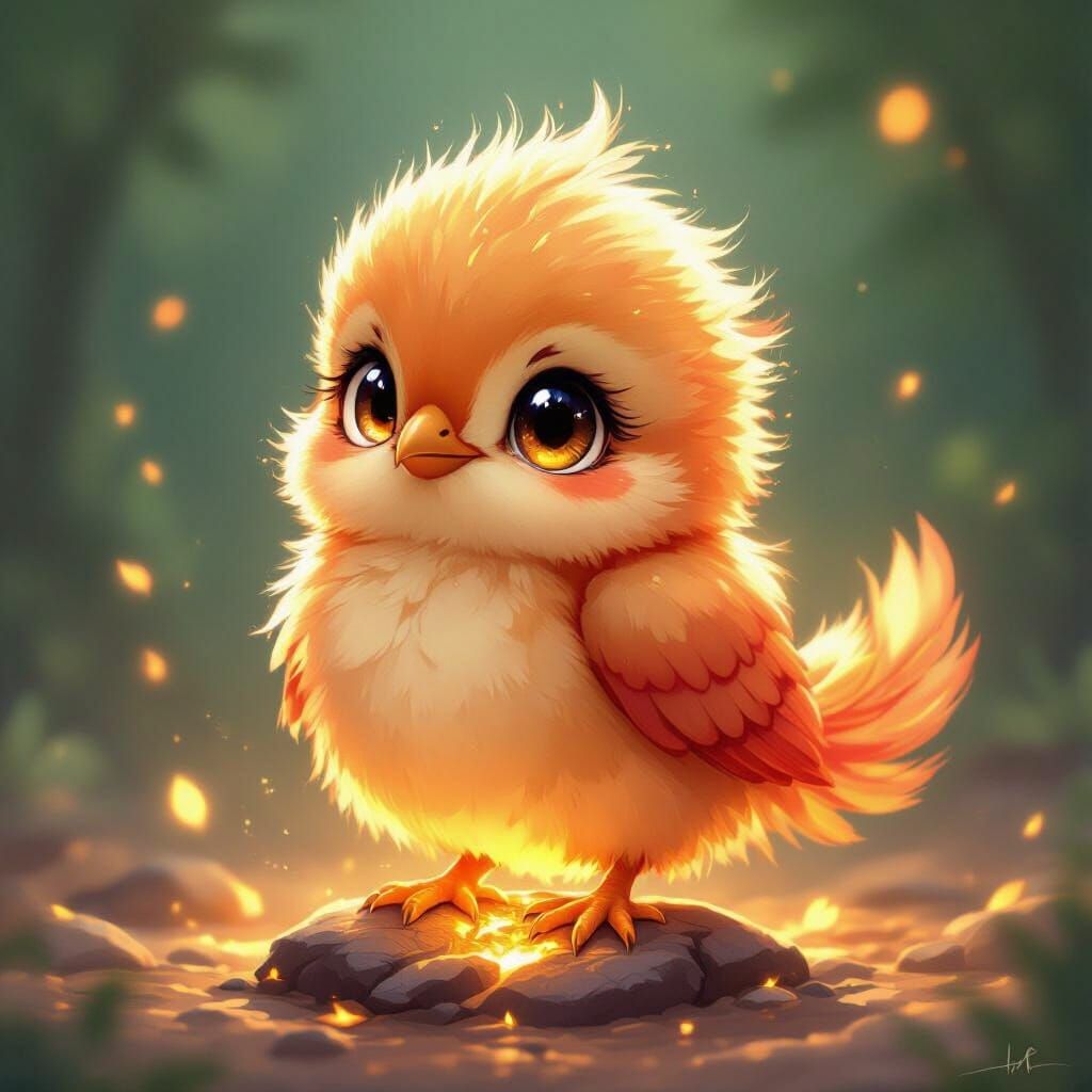 Fluffy Phoenix Chick in Vibrant Anime Style
