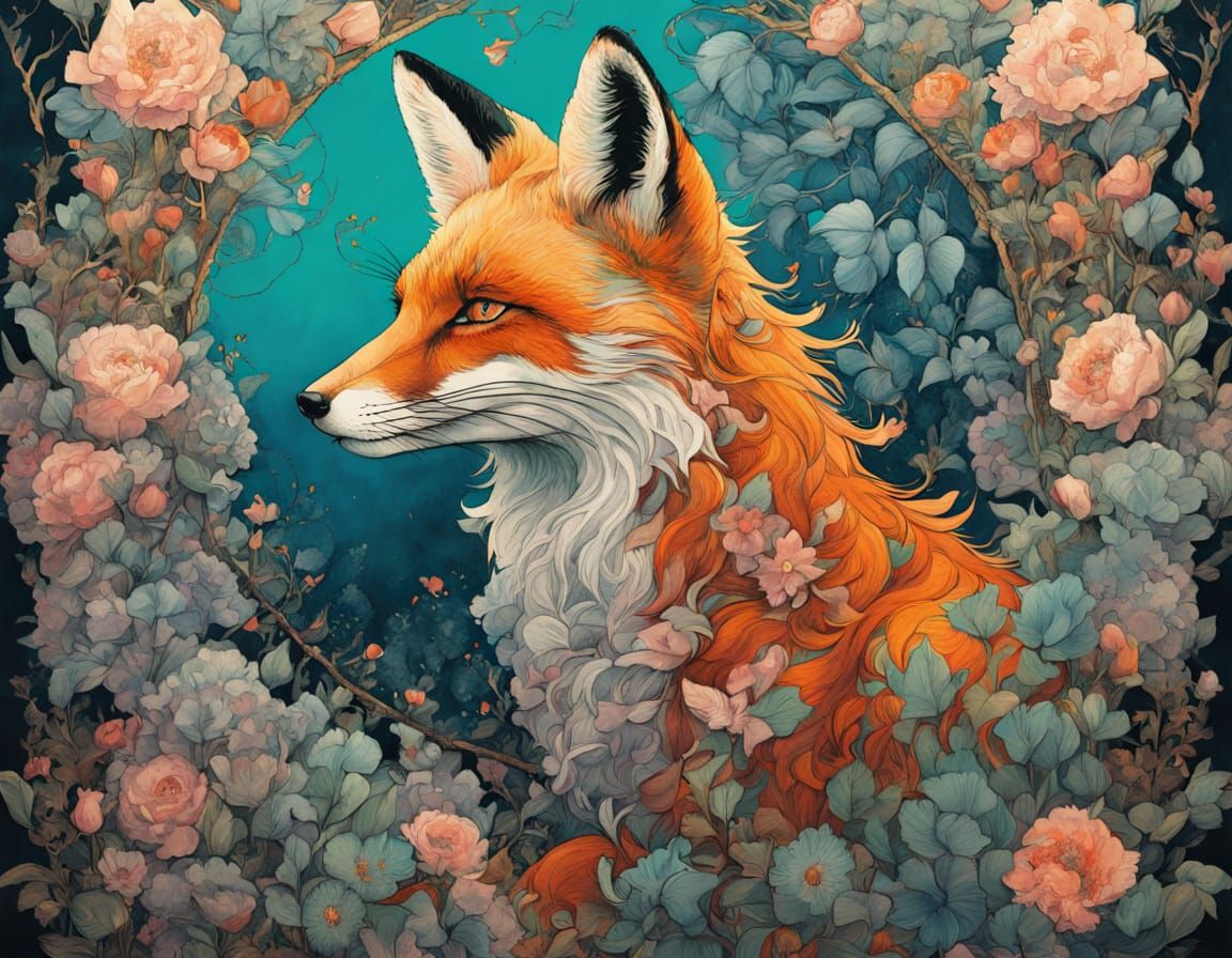 Vibrant Fox in Luminous Floral Garden