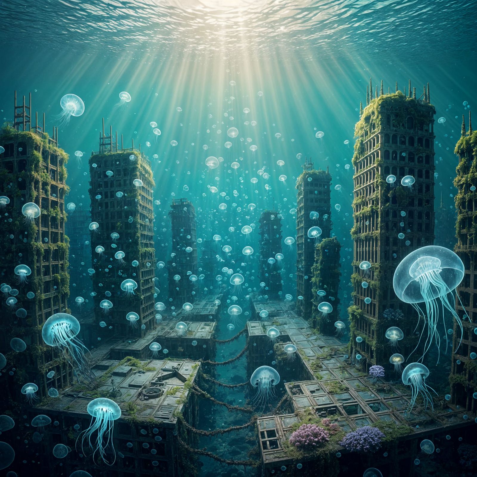 Underwater City with Bioluminescent Jellyfish