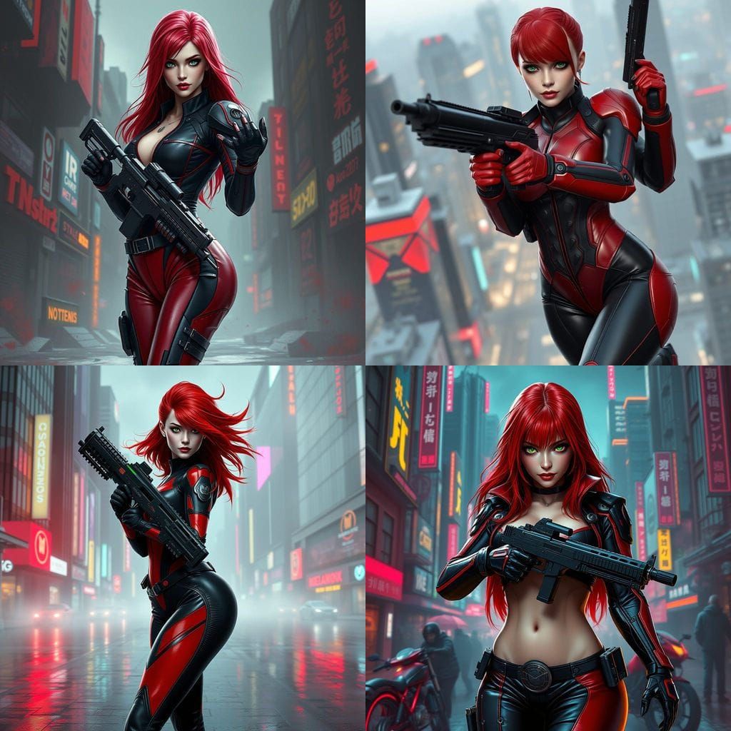 Fierce Cyberpunk Warrior with Red Locks and Black Leather Su...